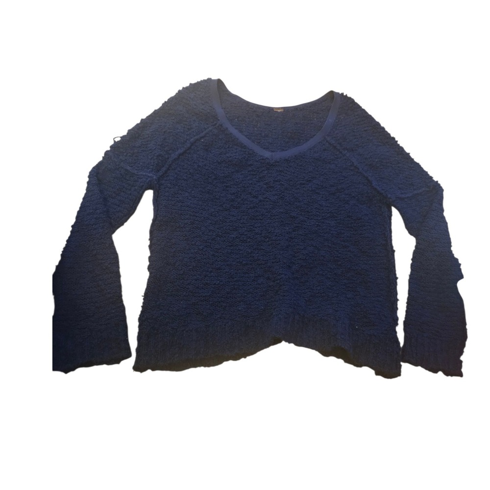 Free‎ People Navy Blue Textured V Neck Bell Sleeve Sweater Knit Top Women